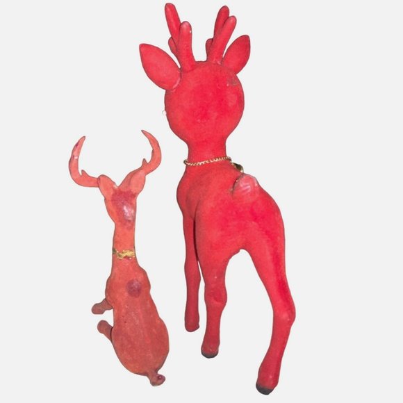 Red Flocked Felt Christmas Reindeer 2 Vintage Deer - Picture 3 of 16